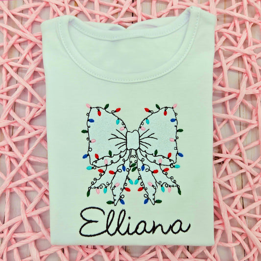 Christmas Bow with Lights Embroidery Bean Stitch Applique Design 5 Sizes