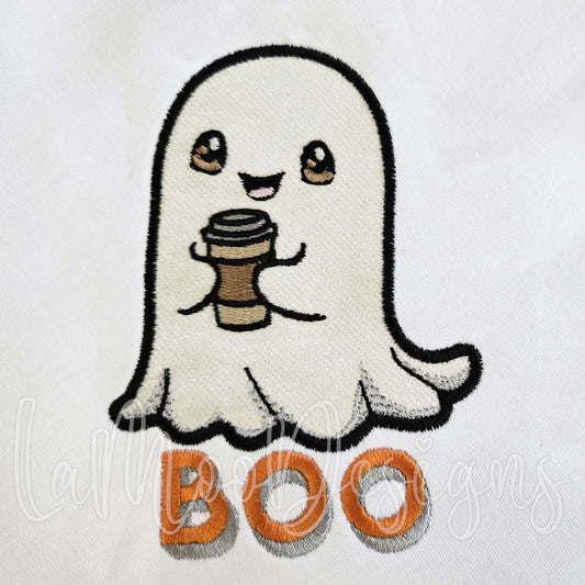 Halloween Ghost Filled Stitch Embroidery Design, Ghost with Coffee