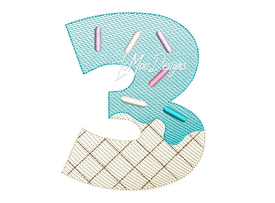 Ice Cream Waffle Cone 1st- 9th Birthday Number Embroidery Sketch Design