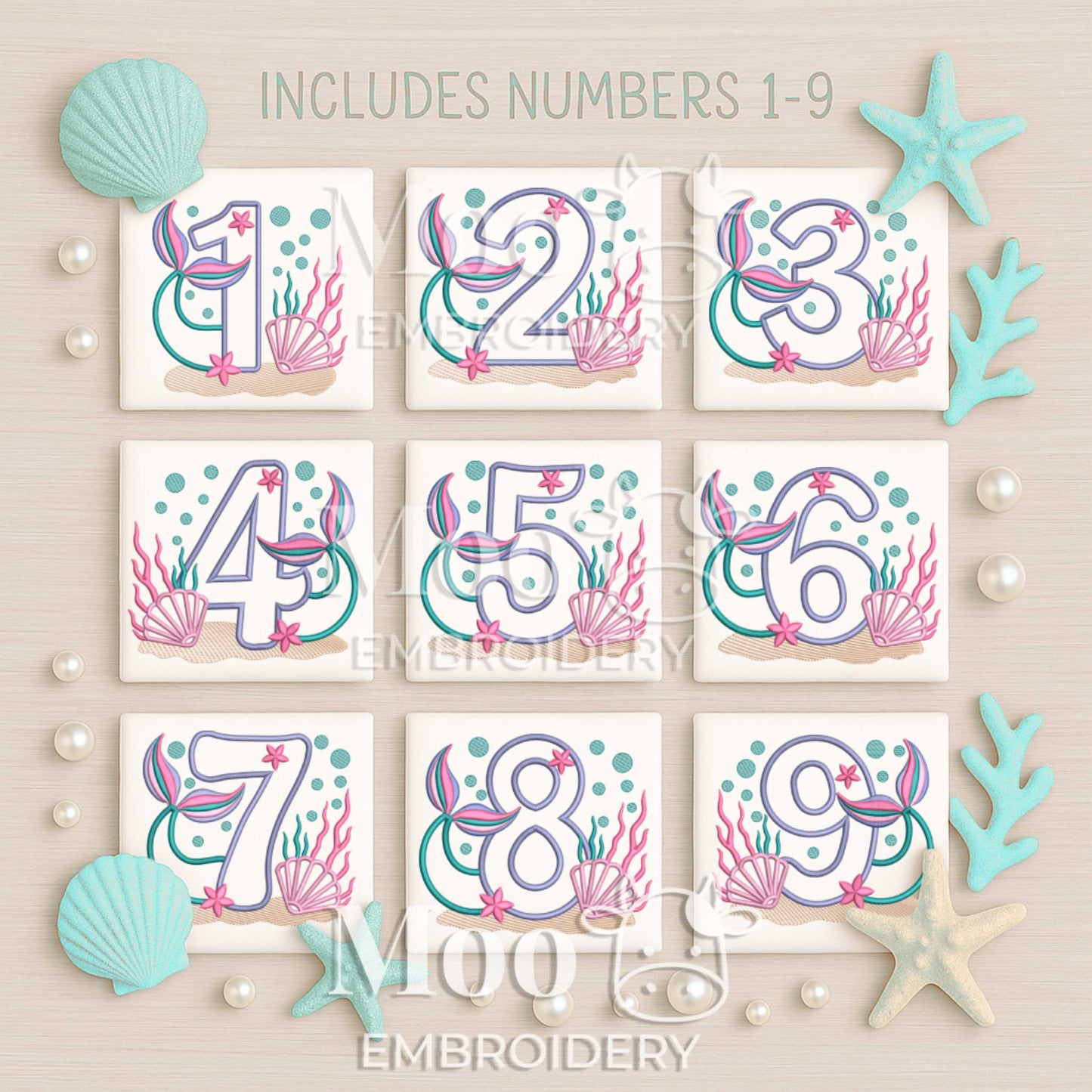 Mermaid Number Applique Digital Embroidery Design Set | Mermaid Tail Birthday Satin Stitch Applique Design Numbers 1–9 5x7 6x10 8x8 (Digital Download)