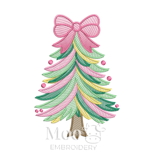 Sketch Stitch Christmas Tree Embroidery Design with Bow 4x4 5x7 6x10