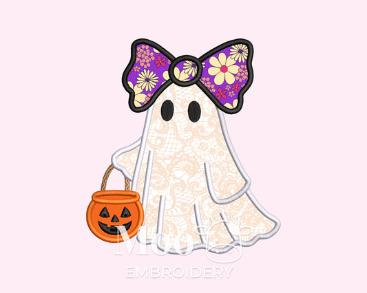 Girly Ghost with Bow and Pumpkin Applique Embroidery Design
