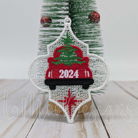 2025 Red Truck Freestanding Lace Arabesque Christmas Ornament Embroidery Design