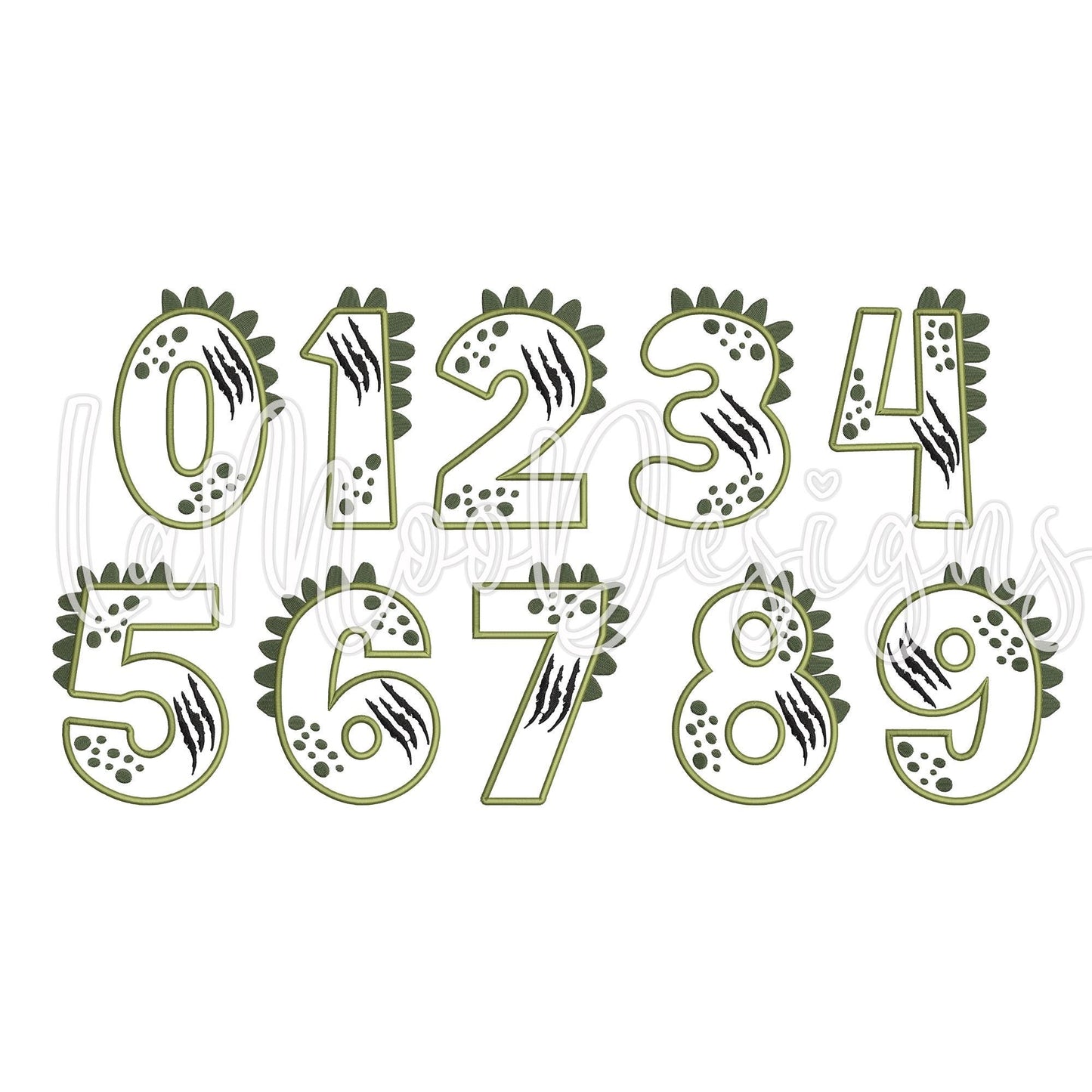 0-9 Dino Birthday Numbers Embroidery Satin Stitch Applique Design