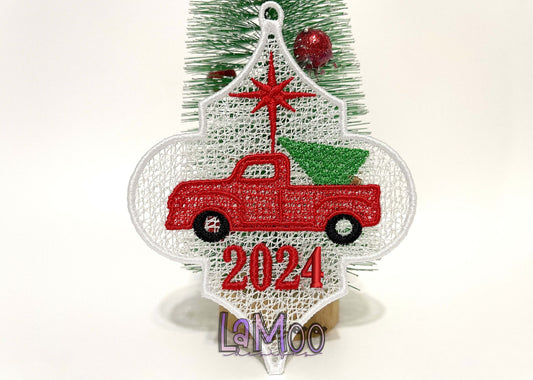 2025 Freestanding Lace Vintage Red Truck Arabesque Ornament Embroidery Design - Christmas Embroidery Design