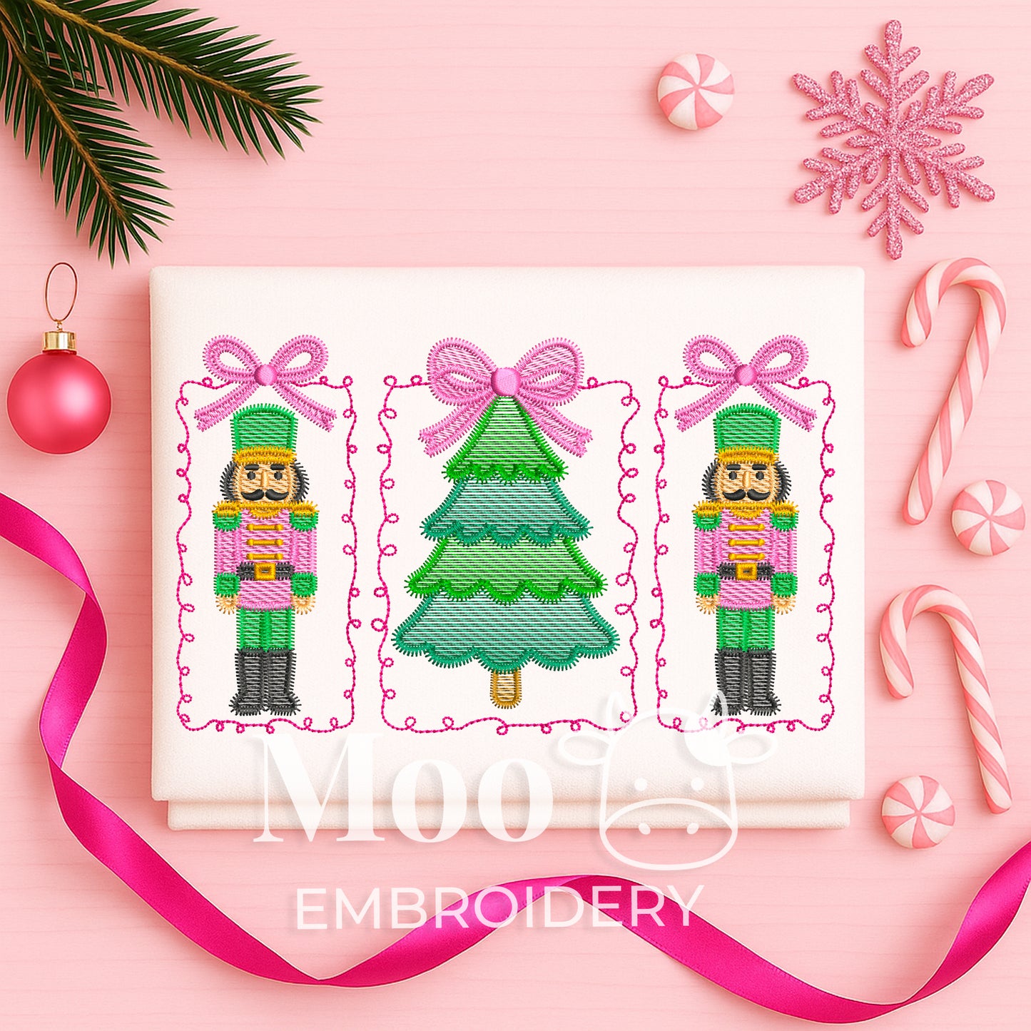 Sketch Nutcracker and Christmas Tree Embroidery Design with Bows and Frames