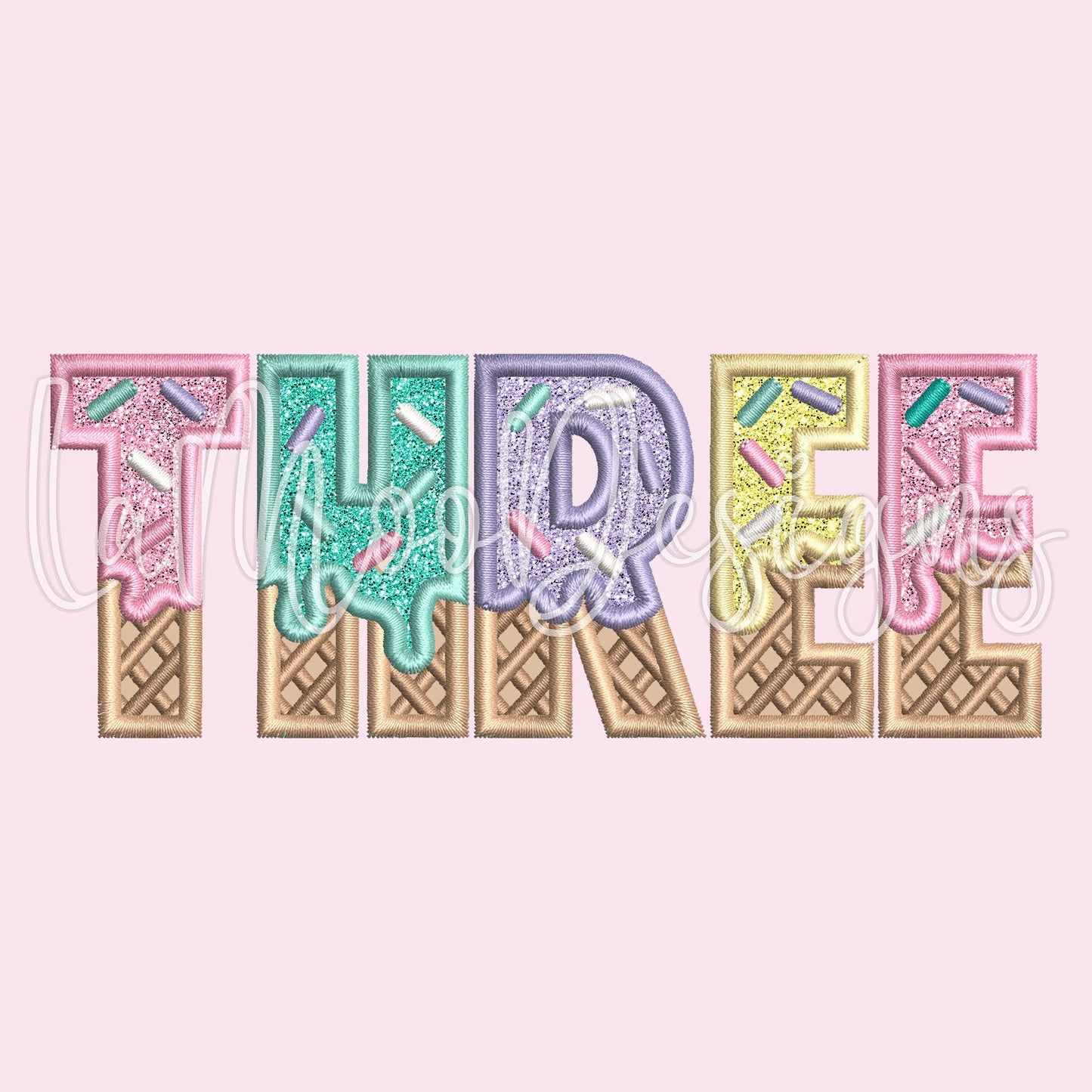 THREE - Ice Cream Waffle Cone Birthday Embroidery Satin Stitch Applique Design