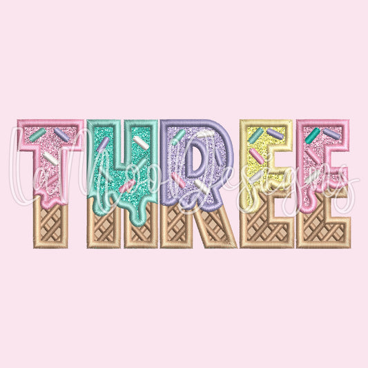 THREE - Ice Cream Waffle Cone Birthday Embroidery Satin Stitch Applique Design