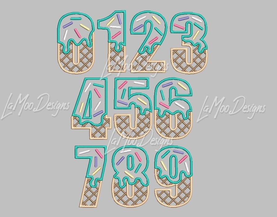 0-9 Ice Cream Waffle Cone Birthday Numbers Embroidery Satin Stitch Applique Design