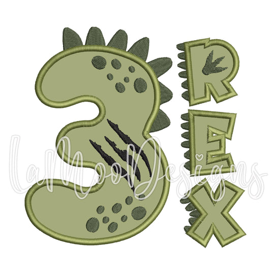 3 REX Birthday Embroidery Design Satin Stitch Applique
