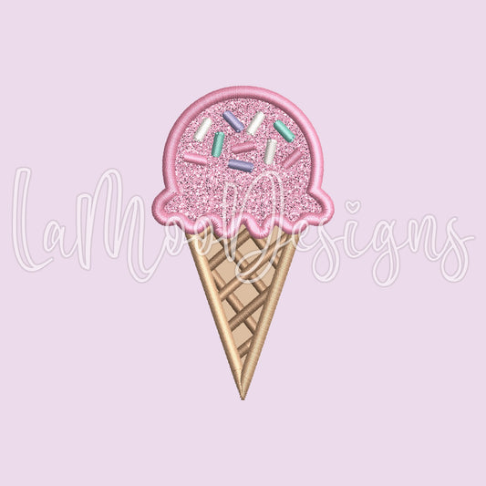 One Scoop Ice Cream Cone Embroidery Satin Stitch Applique Design
