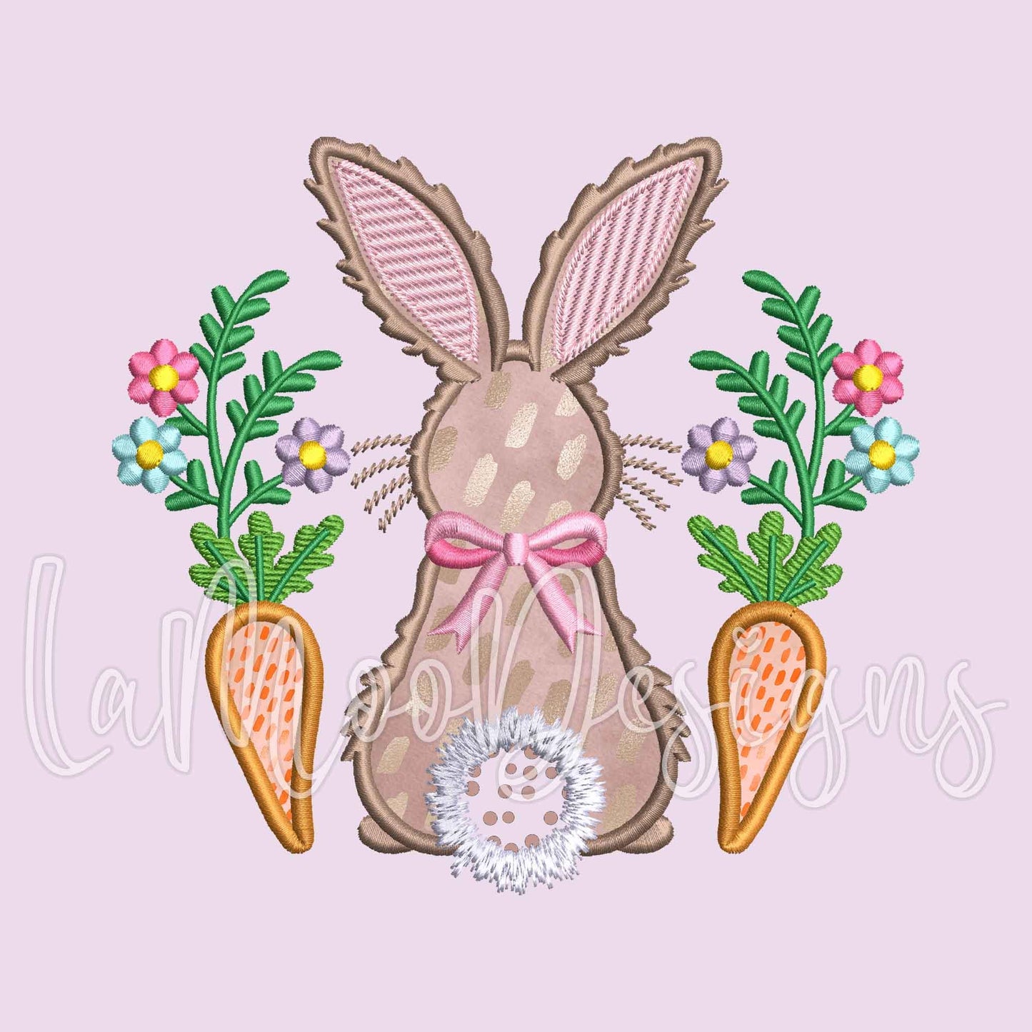 Easter Bunny Satin Stitch Applique Embroidery Design with Flowers, Carrots, and Bow