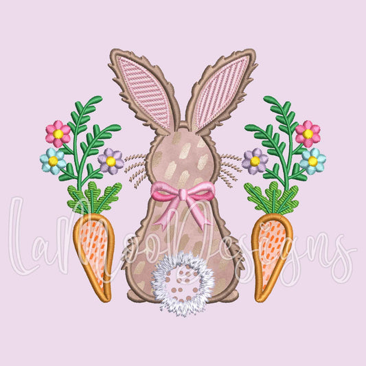 Easter Bunny Satin Stitch Applique Embroidery Design with Flowers, Carrots, and Bow