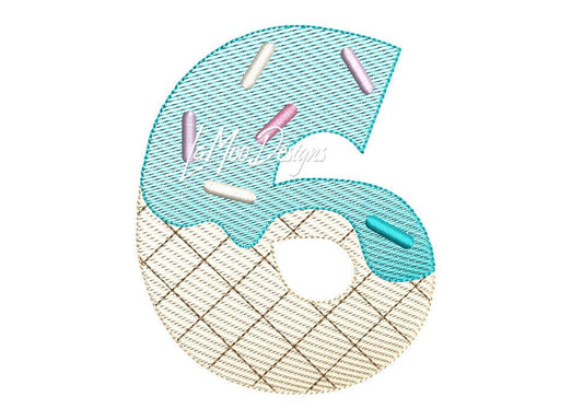 Sketch Design Ice Cream Waffle Cone 6th Birthday Number Embroidery