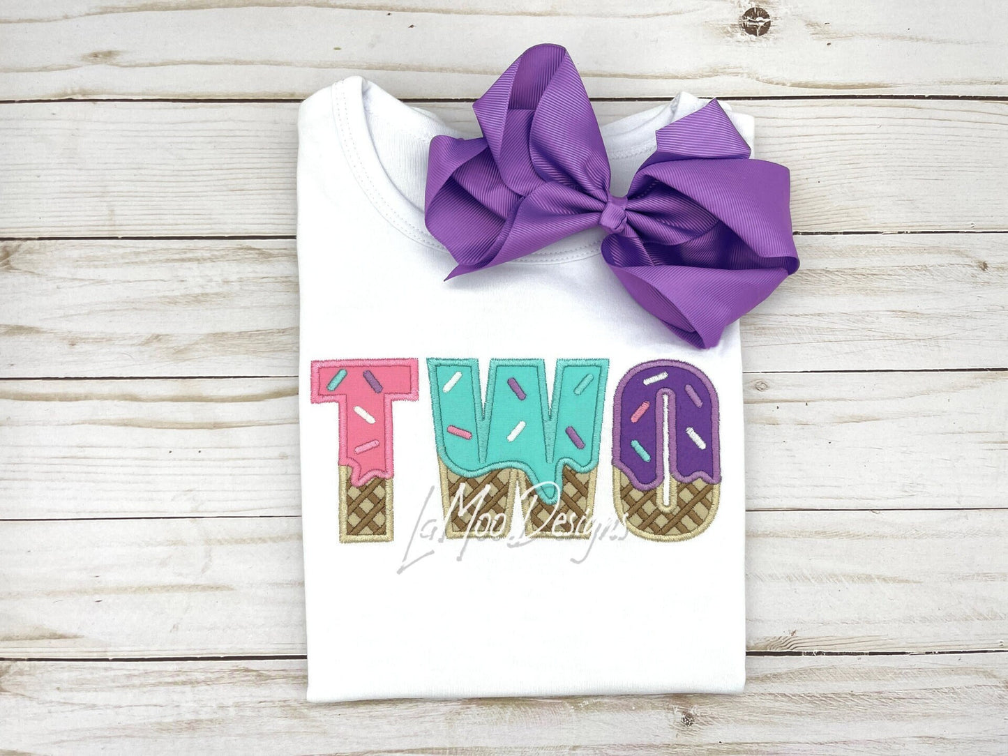 TWO- Ice Cream Waffle Cone Birthday Embroidery Satin Stitch Applique Design