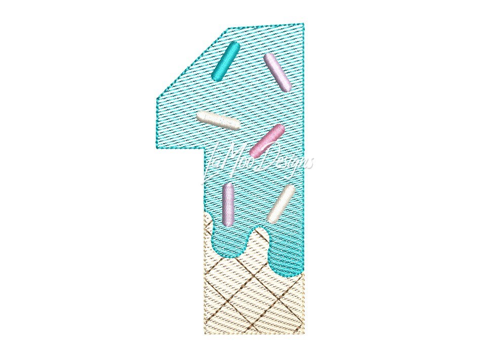 Ice Cream Waffle Cone 1st- 9th Birthday Number Embroidery Sketch Design