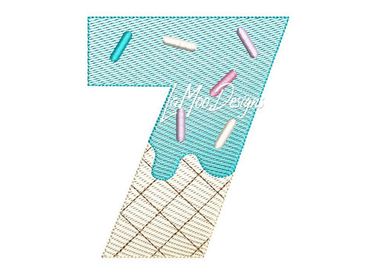 Sketch Design Ice Cream Waffle Cone 7th Birthday Number Embroidery