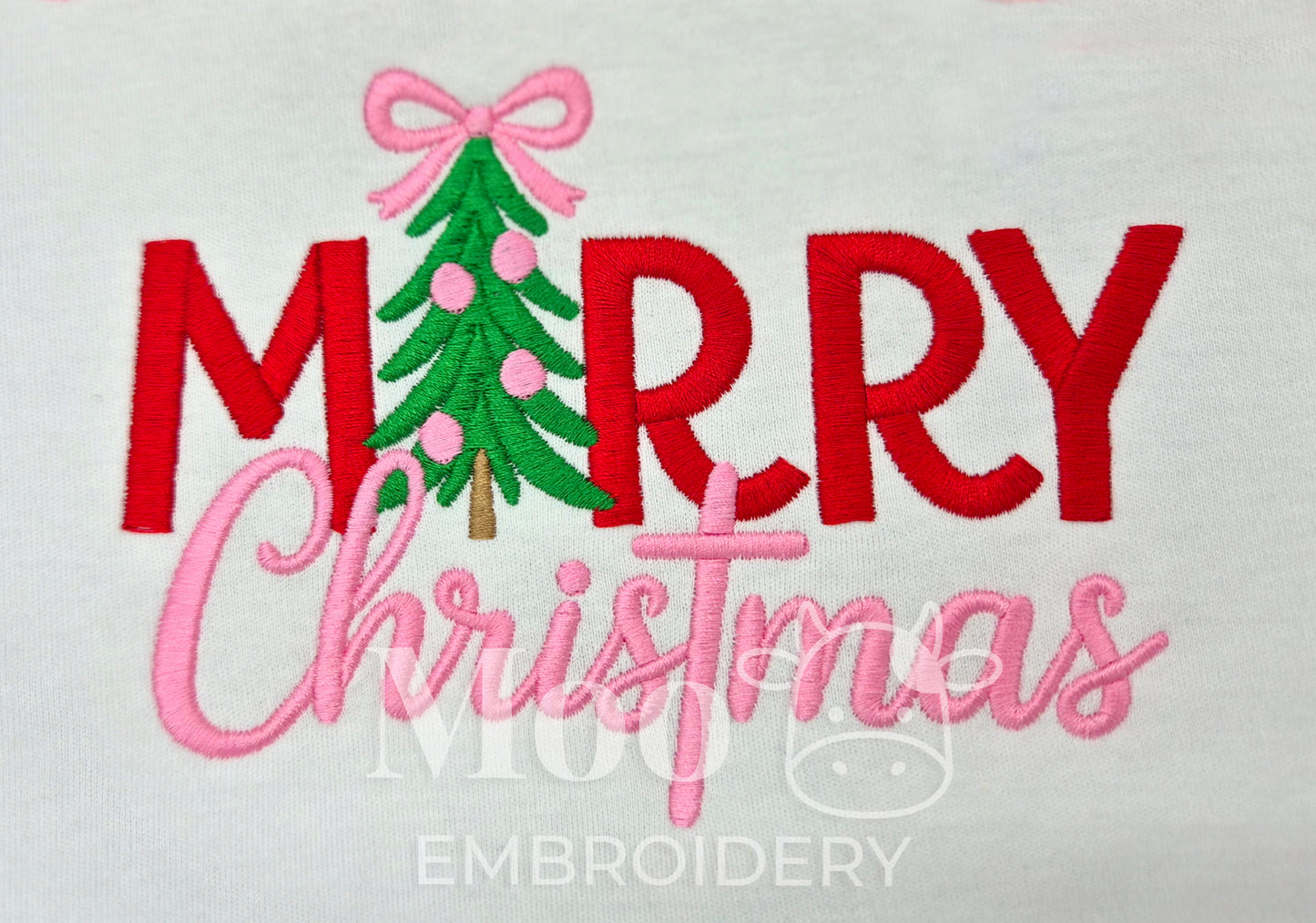Merry Christmas Tree Embroidery Design with Girly Bow – Machine Embroidery File (Digital Download)