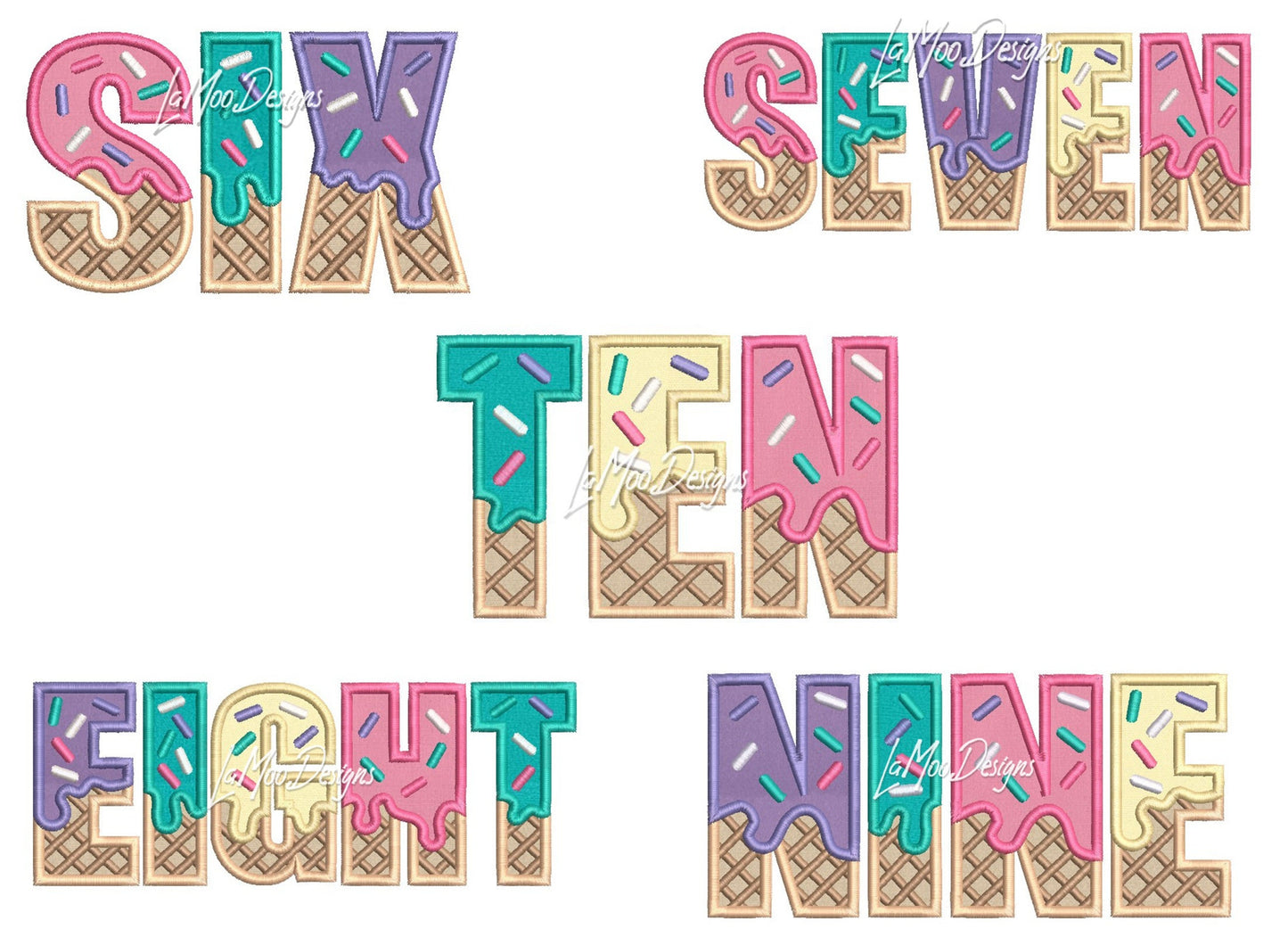 SIX through TEN Ice Cream Waffle Cone Birthday Embroidery Satin Stitch Applique Design