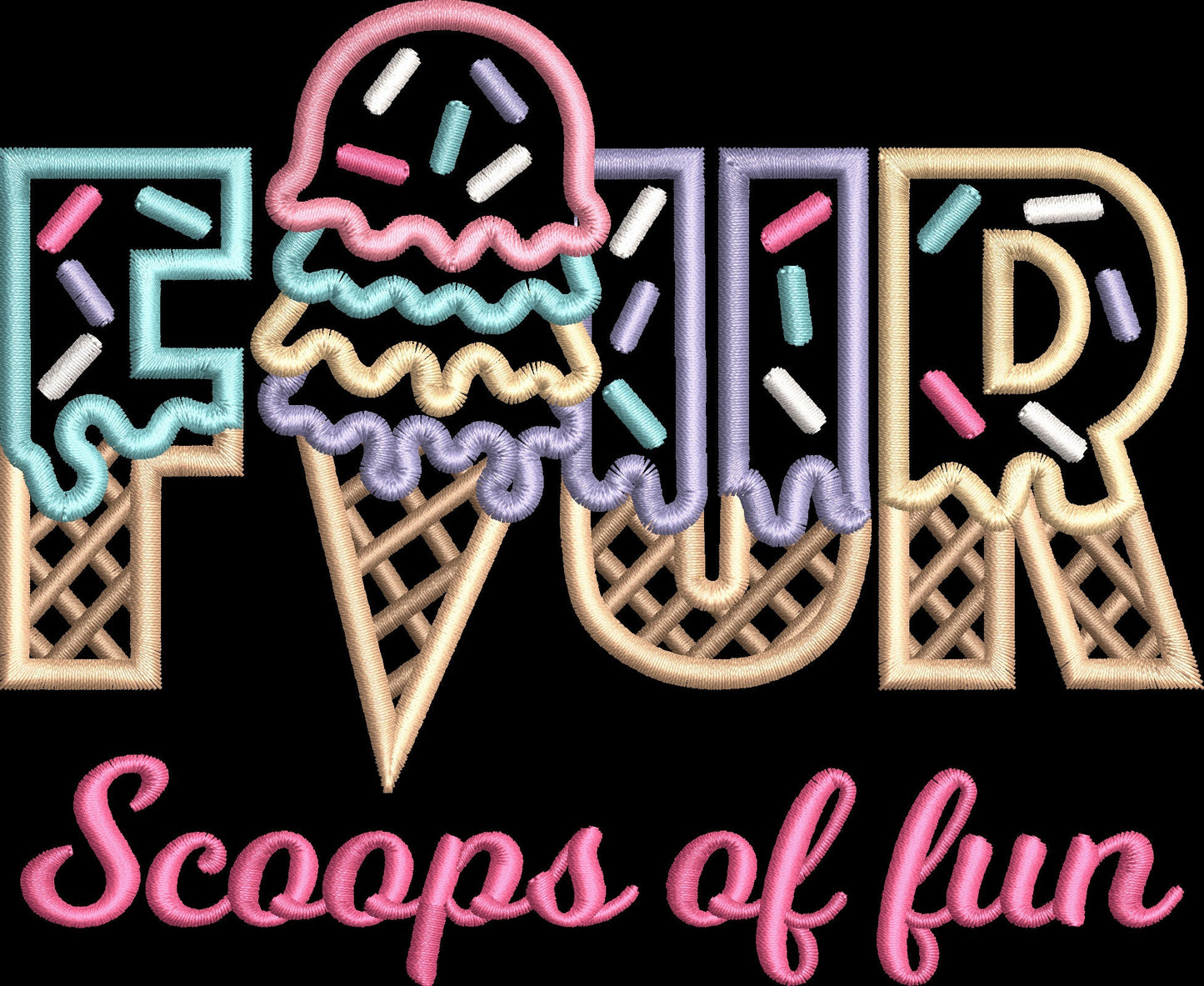 FOUR Scoops of Fun Ice Cream Waffle Cone Embroidery Satin Stitch Applique Design