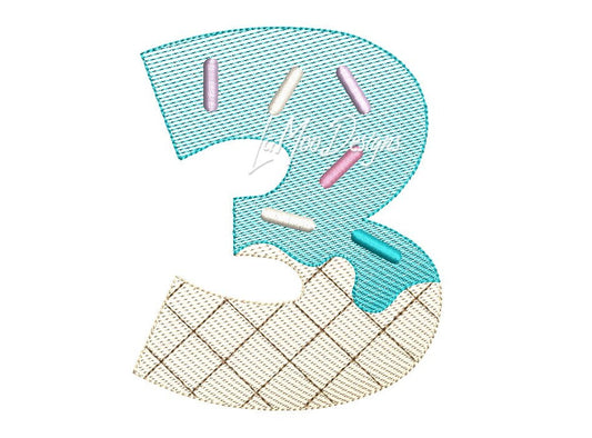 Sketch Design Ice Cream Waffle Cone 3rd Birthday Number Embroidery