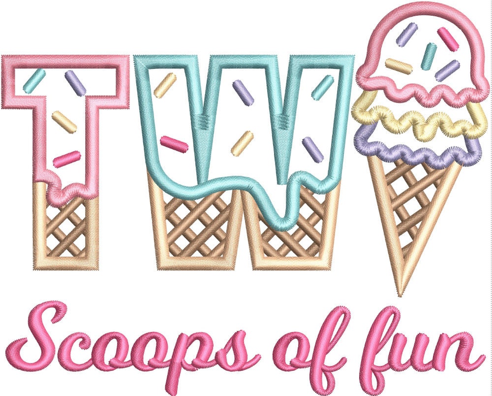 TWO Scoops of Fun Ice Cream Waffle Cone Birthday Satin Stitch Applique Design