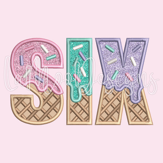 SIX - Ice Cream Waffle Cone Birthday Embroidery Satin Stitch Applique Design