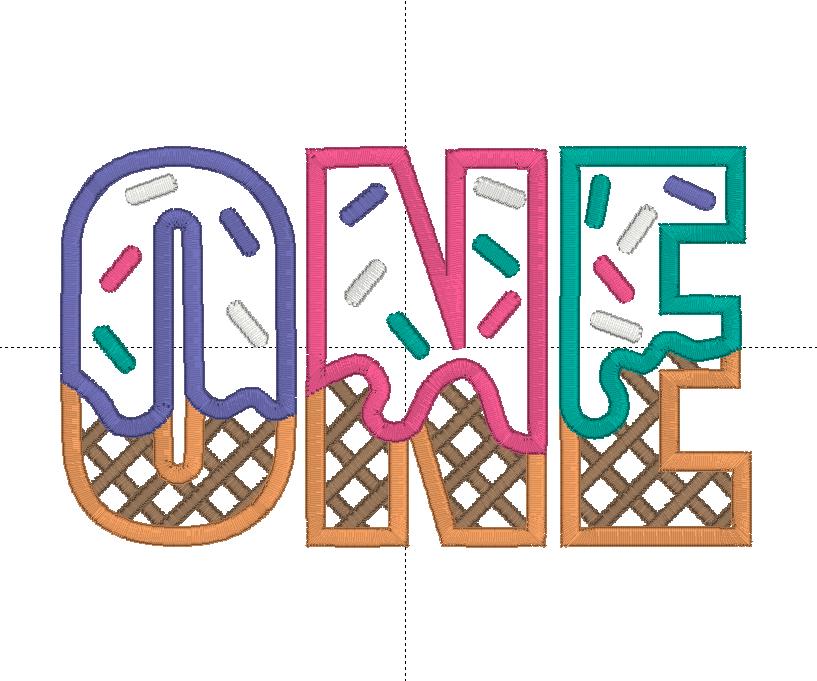 ONE - Ice Cream Waffle Cone 1st Birthday Embroidery Satin Stitch Applique Design