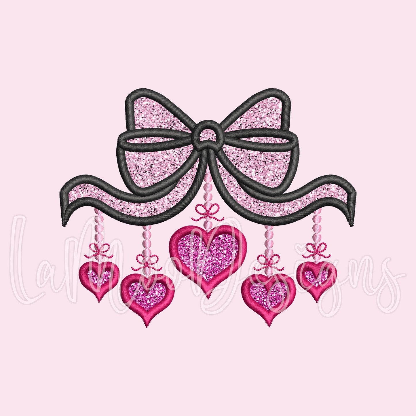 Valentine's Day Bow with Hearts Satin Stich Applique Embroidery Design