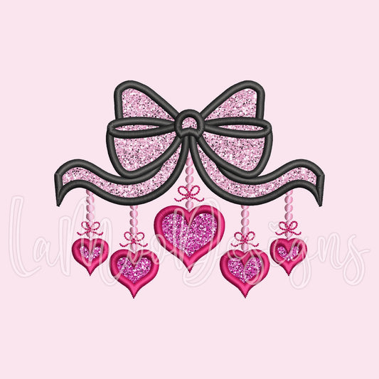 Valentine's Day Bow with Hearts Satin Stich Applique Embroidery Design