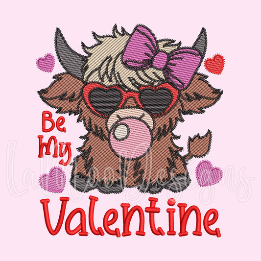 Valentine Highland Cow Embroidery Sketch Design with Bubblegum