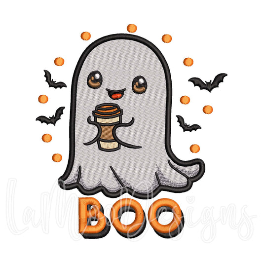 Halloween Ghost Filled Stitch Embroidery Design, Ghost with Coffee