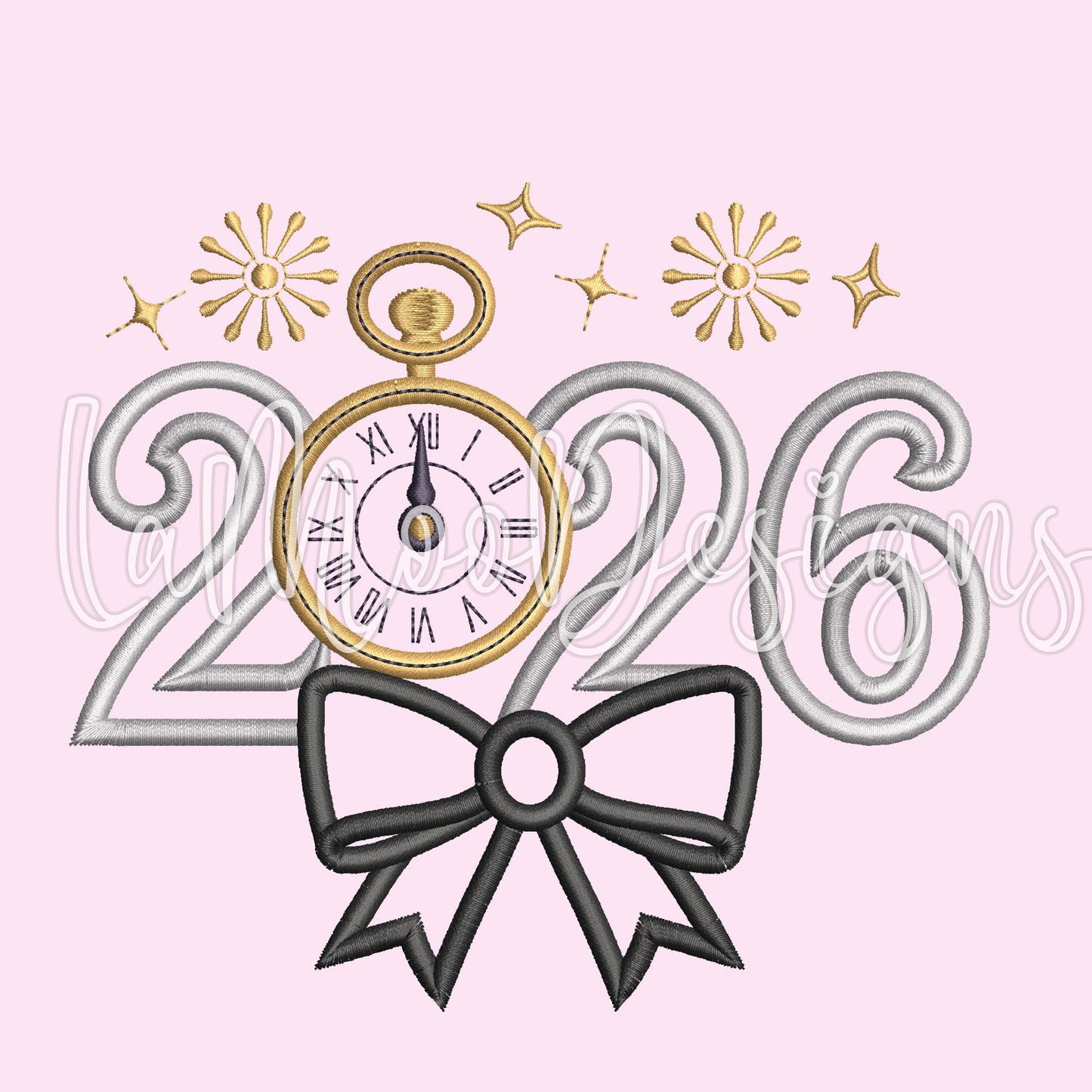 New Year 2026 with Bow Satin Stitch Applique Embroidery Design