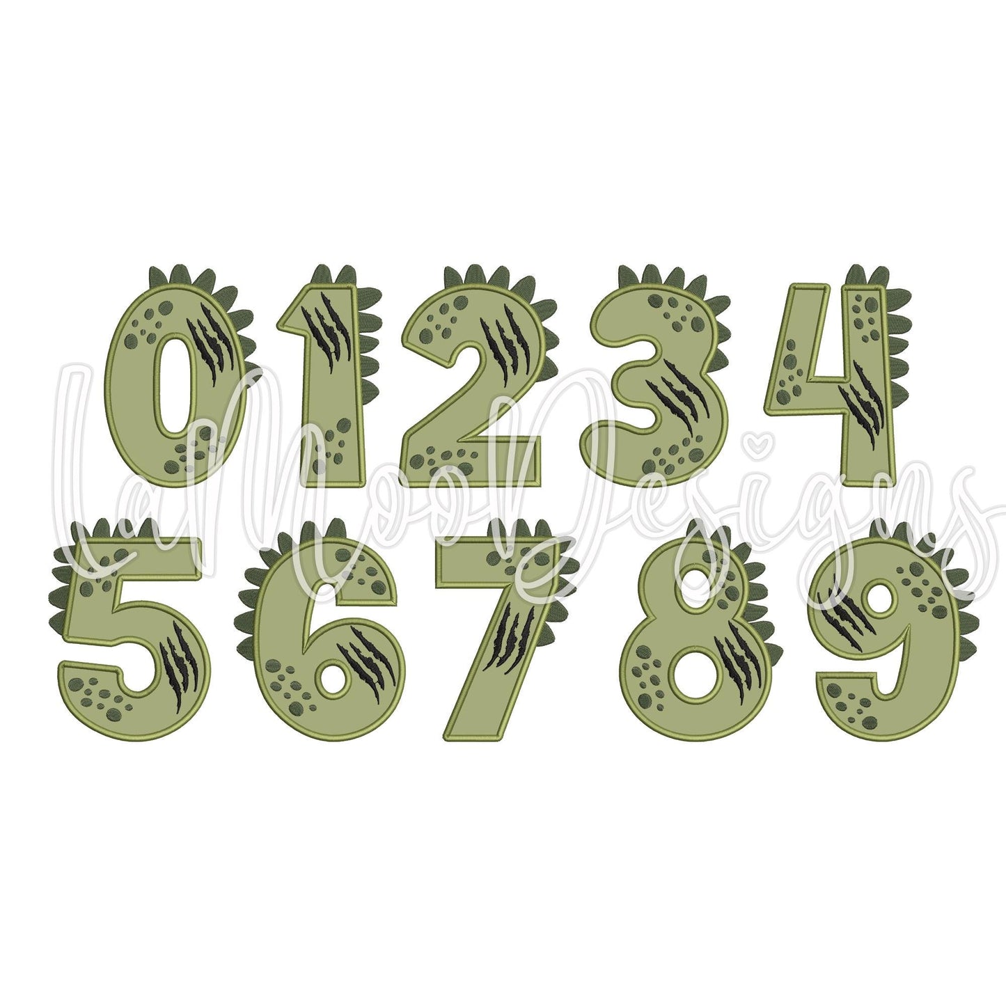0-9 Dino Birthday Numbers Embroidery Satin Stitch Applique Design