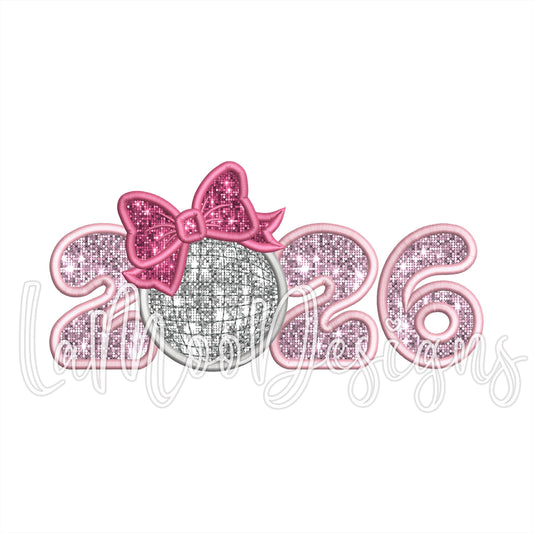New Year 2026 Ball with Bow Satin Stitch Applique Design