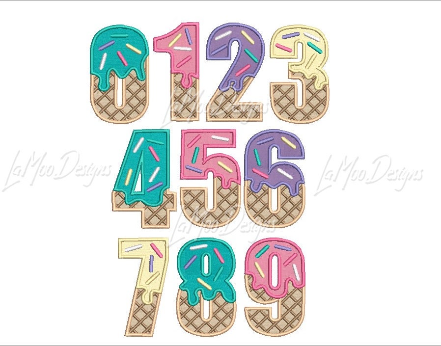 0-9 Ice Cream Waffle Cone Birthday Numbers Embroidery Satin Stitch Applique Design