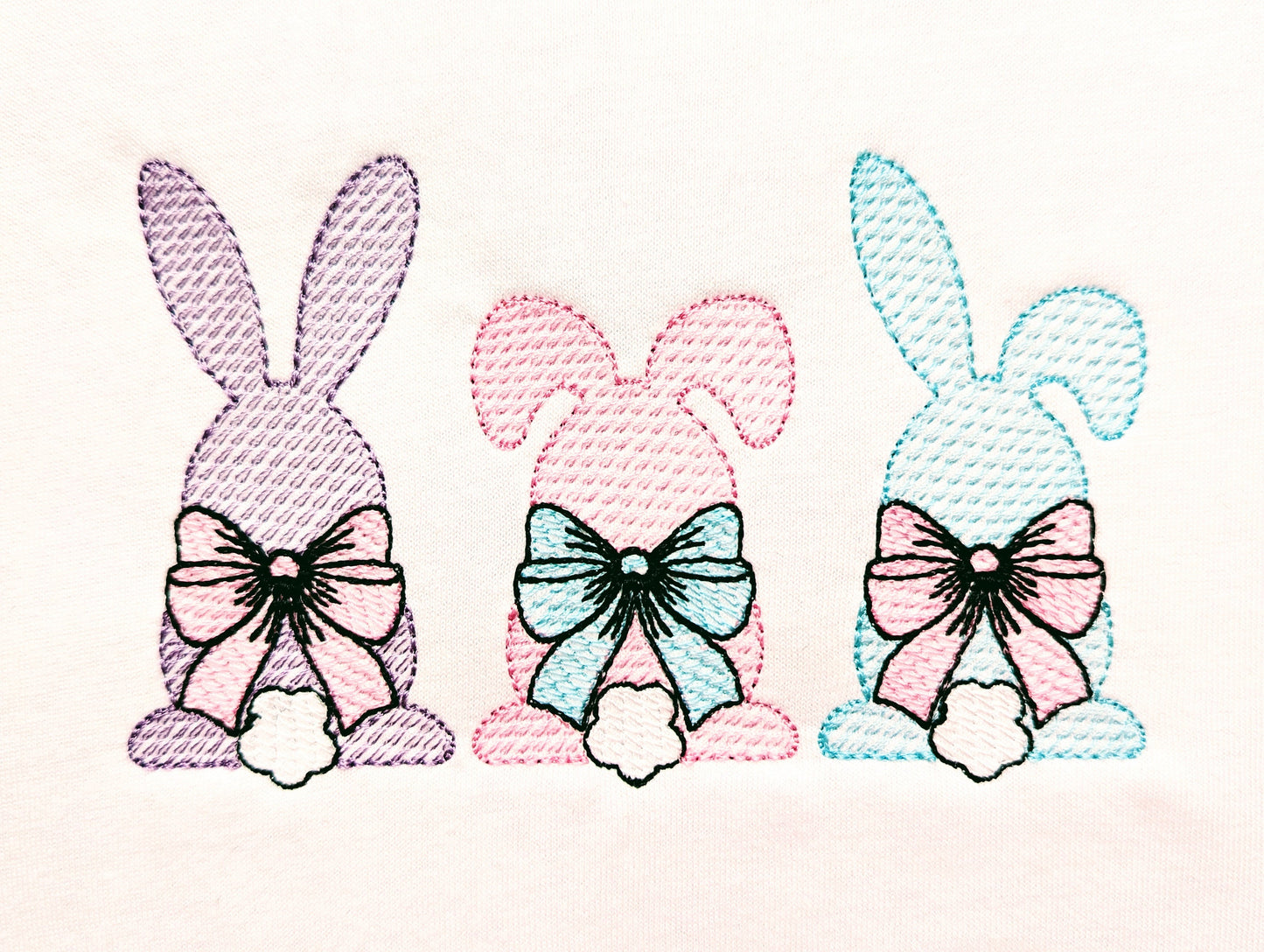 Easter Bunny Trio with Bow Embroidery Sketch Design