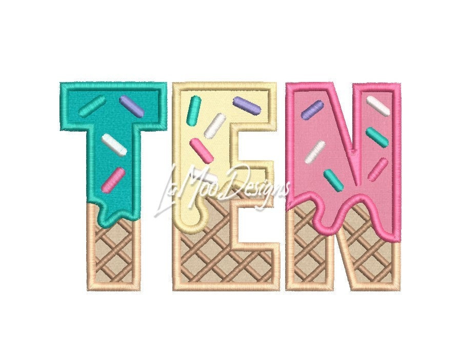 SIX through TEN Ice Cream Waffle Cone Birthday Embroidery Satin Stitch Applique Design