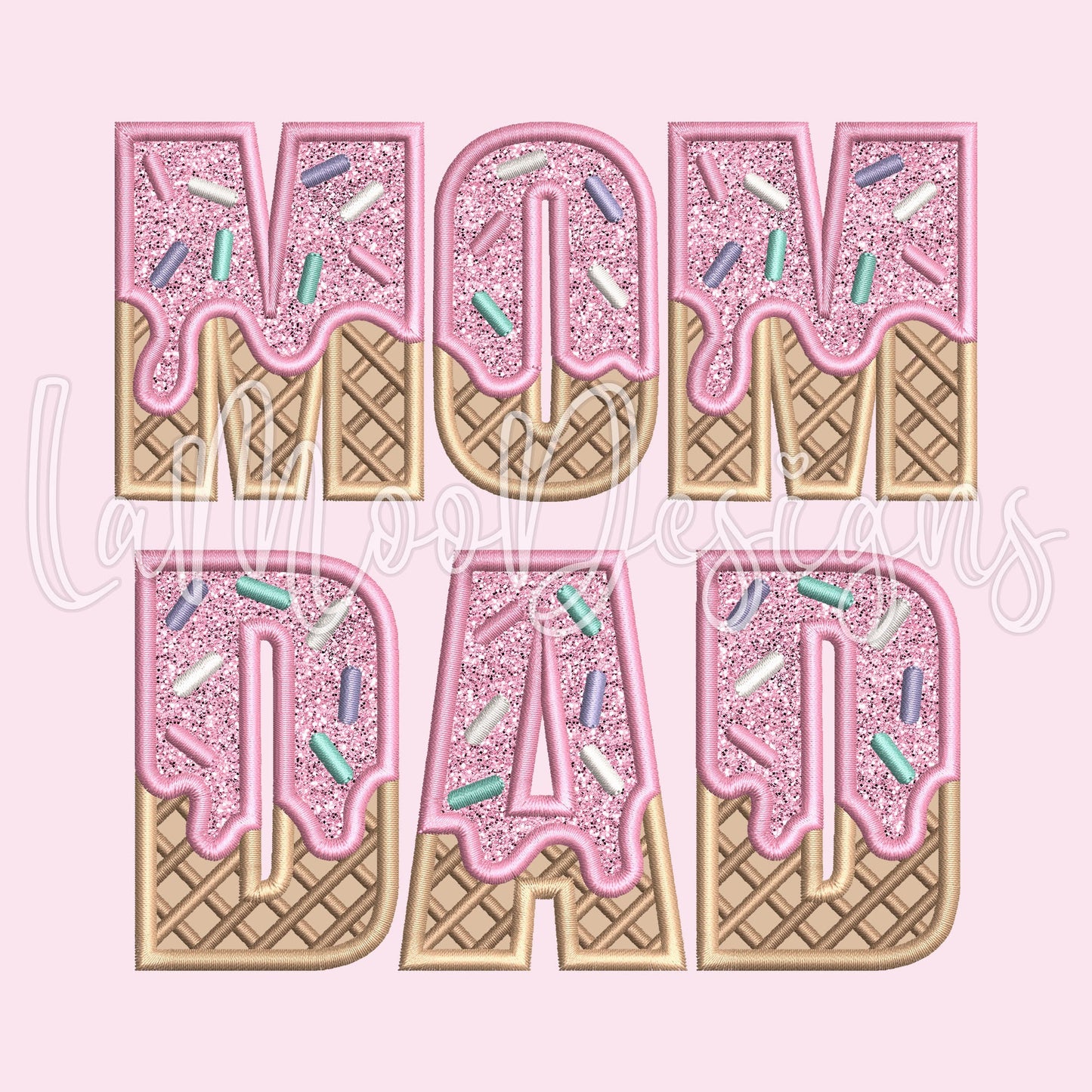 MOM and DAD Ice Cream Waffle Cone Embroidery Satin Stitch Applique Design