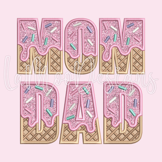 MOM and DAD Ice Cream Waffle Cone Embroidery Satin Stitch Applique Design