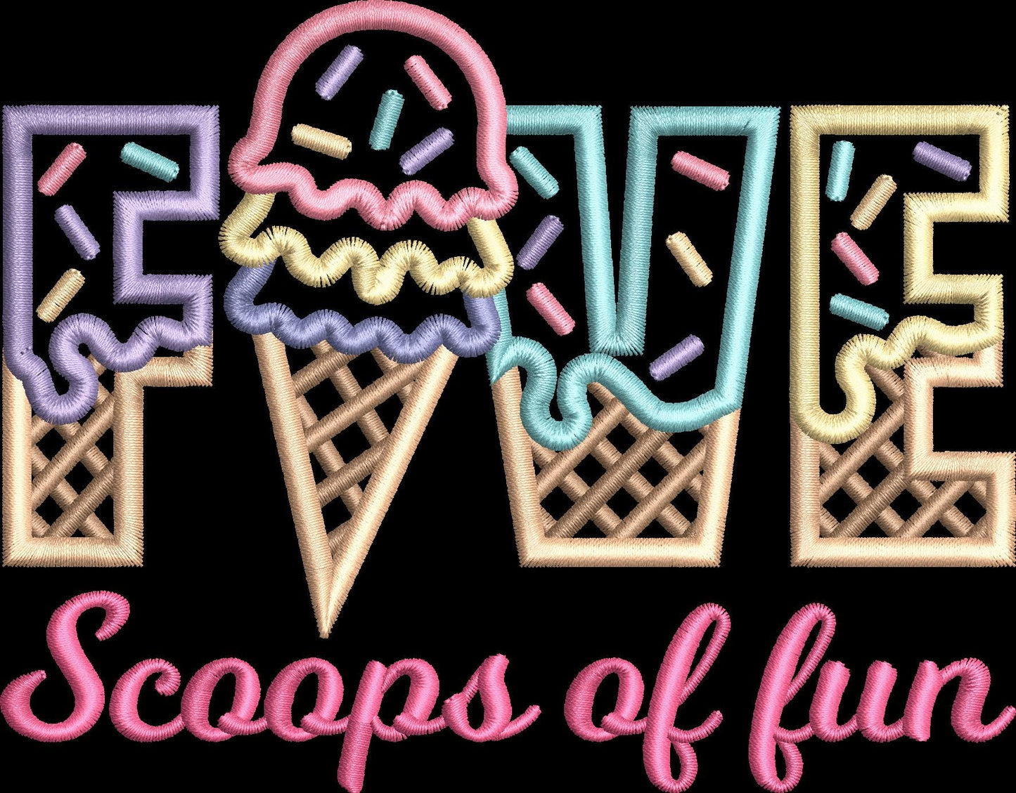 FIVE Scoops of Fun Ice Cream Waffle Cone Birthday Embroidery Satin Stitch Applique Design