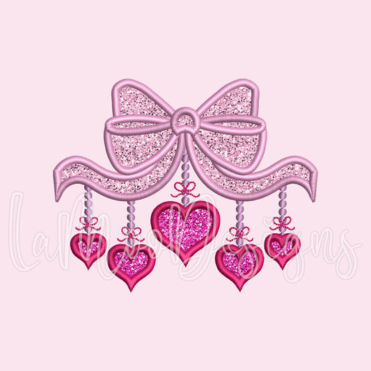 Valentine's Day Bow with Hearts Satin Stich Applique Embroidery Design