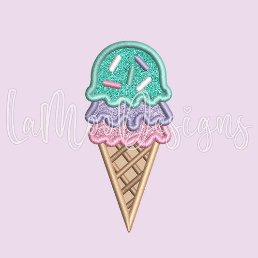 Three Scoops Ice Cream Cone Embroidery Satin Stitch Applique Design