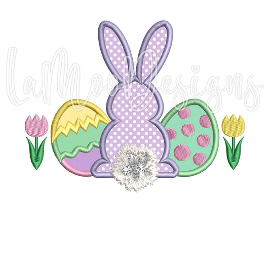 Easter Bunny with Eggs and Tulips Satin Stitch Applique