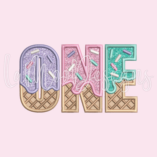 ONE - Ice Cream Waffle Cone 1st Birthday Embroidery Satin Stitch Applique Design