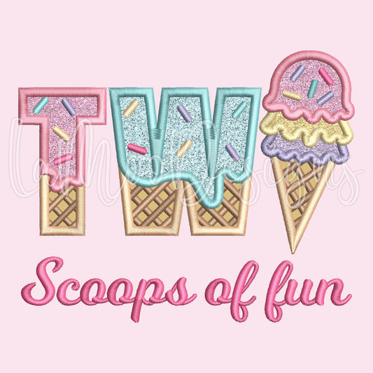 TWO Scoops of Fun Ice Cream Waffle Cone Birthday Satin Stitch Applique Design