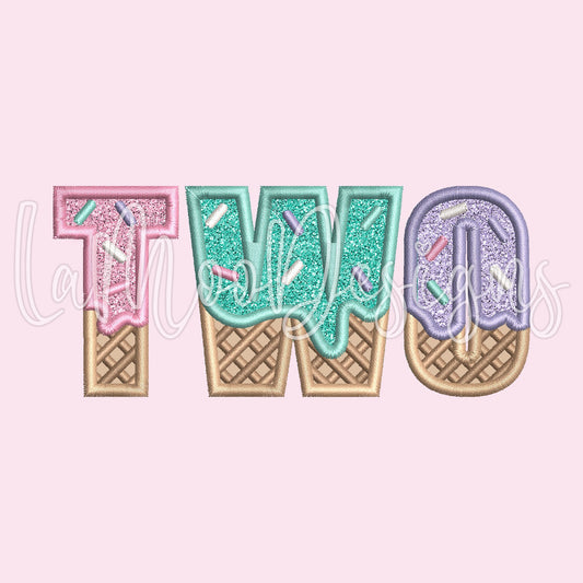 TWO- Ice Cream Waffle Cone Birthday Embroidery Satin Stitch Applique Design