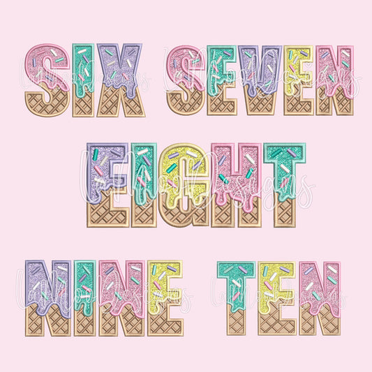 SIX through TEN Ice Cream Waffle Cone Birthday Embroidery Satin Stitch Applique Design