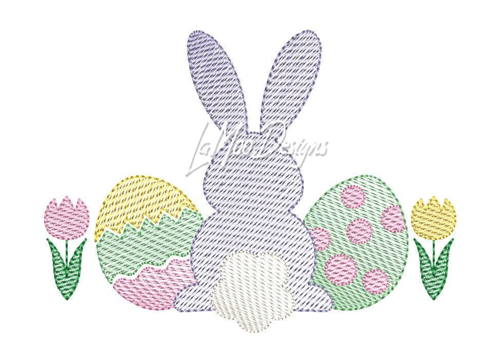 Easter Bunny with Eggs and Tulips Sketch Design Embroidery