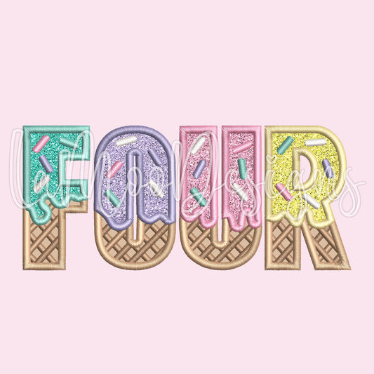 FOUR - Ice Cream Waffle Cone Birthday Embroidery Satin Stitch Applique Design